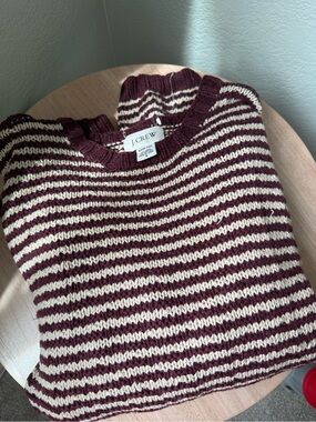 J. Crew Burgundy and Cream Striped Crewneck Sweater
